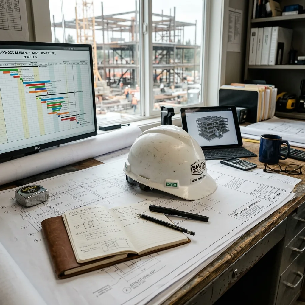 Construction project planning desk overlooking an active building site